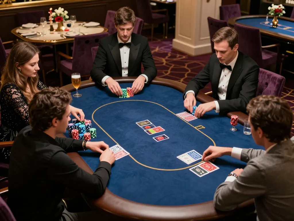 Engaged players strategizing in a high-stakes QQ88 poker game at an exclusive VIP table.