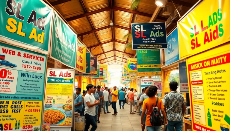 Dynamic local marketplace highlighting SL Ads with colorful banners and engaging vendor interactions.