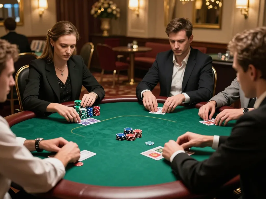 Engaged players assessing their hands at a poker table, highlighting the expert use of a KI Detektor Uni for text analysis in academic settings.