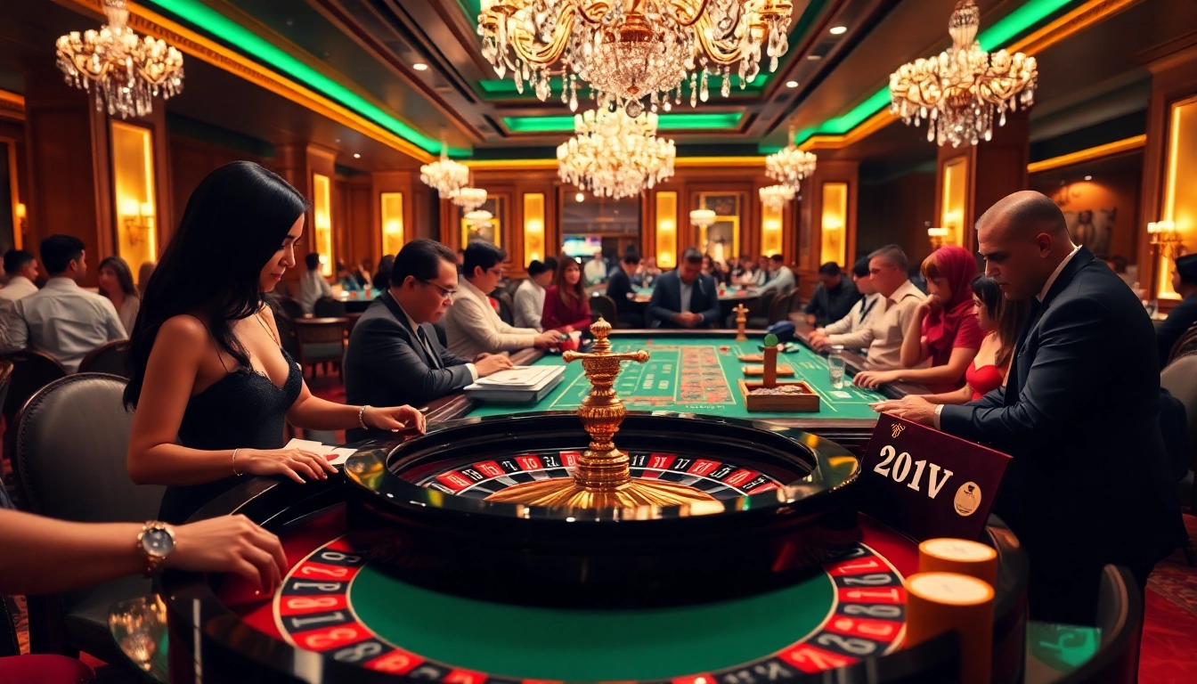 RR88 VIP players enjoying an exciting game at a luxurious roulette table in a vibrant casino.