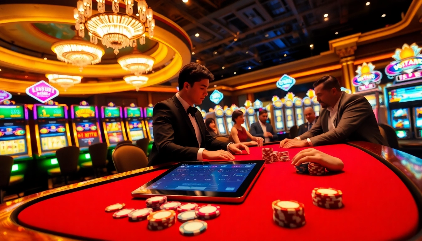 Engaging in high-stakes poker at an upscale kubet88 casino table with colorful chips and bright slot machines.