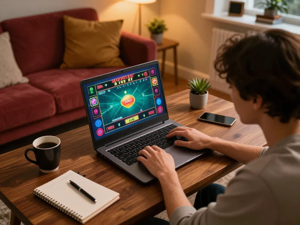 Engaged in online gambling at nhà cái uy tín OK8386 with live dealer game on laptop, cozy home setup.