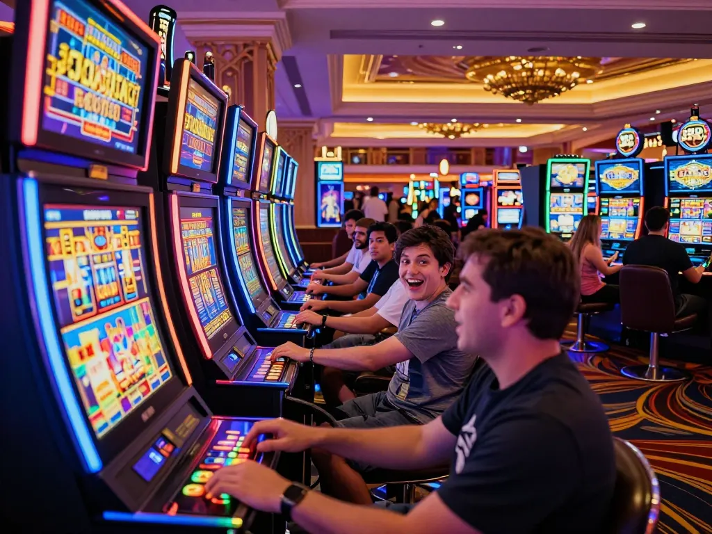 Nohu players engaging excitement at vibrant slot machines in Las Vegas casino.