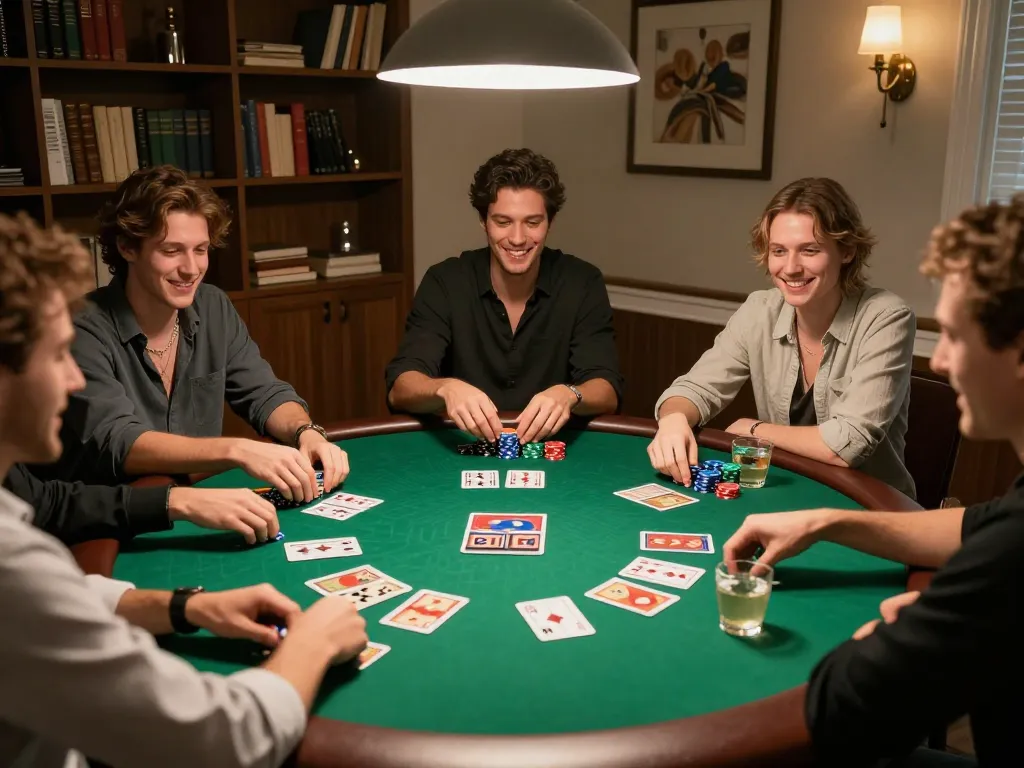 KJC members enjoying a lively home poker night with friends, showcasing engagement and strategy.