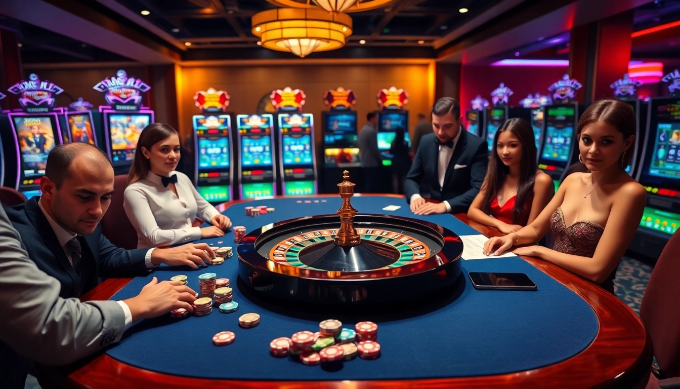 Xocdia88 online casino scene with vibrant tables, chips, and players enjoying gambling excitement.