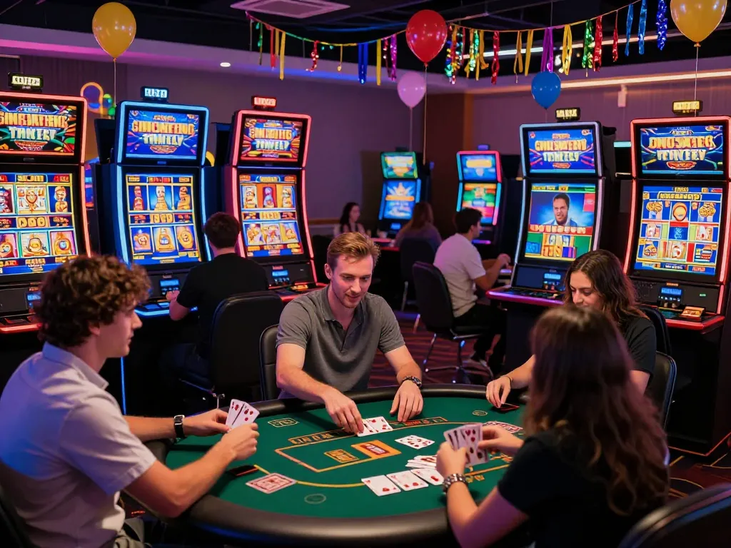 Engaged players immersed in Bomwin's vibrant online gaming atmosphere, celebrating wins at digital poker and slot games.
