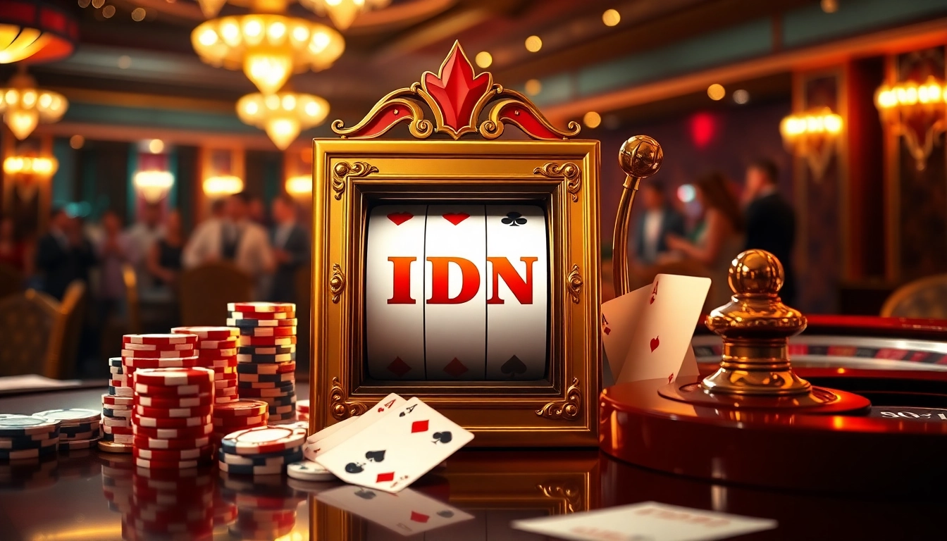 IDN Slot machine in a luxurious casino environment surrounded by poker chips and cards.
