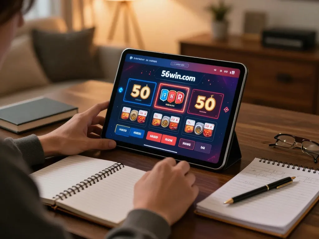 Engaging with the 56win.com online casino interface on a tablet in a cozy home setting, showcasing strategic gameplay.