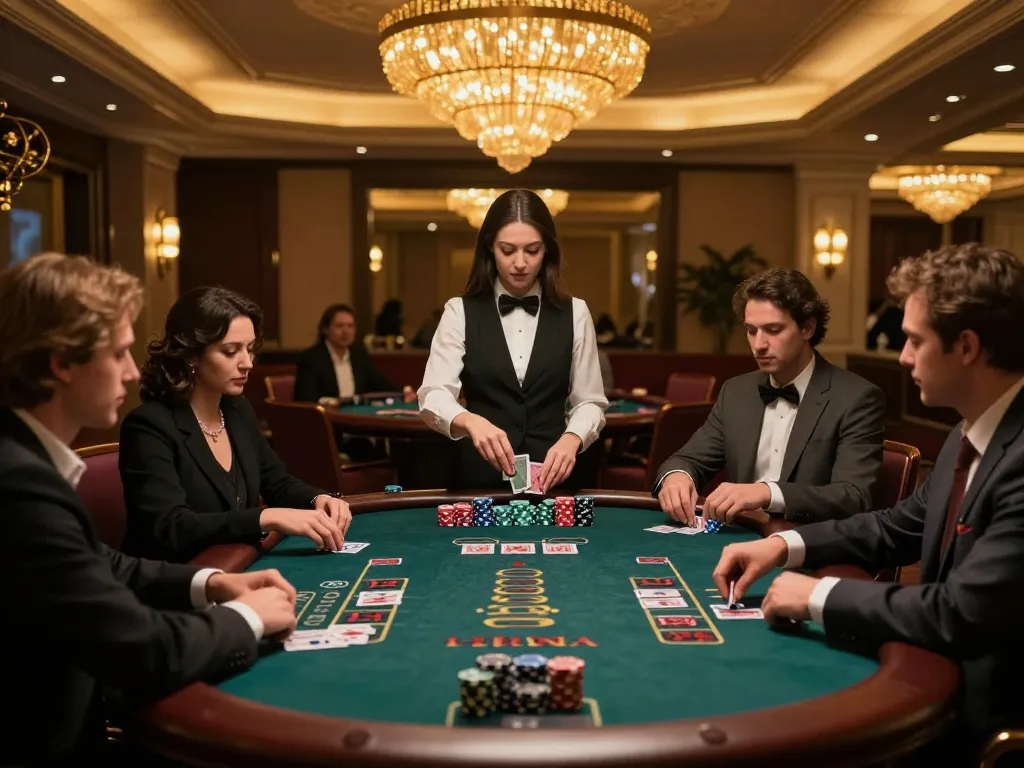 GO8 players making strategic bets at a luxury blackjack table during exciting casino night.