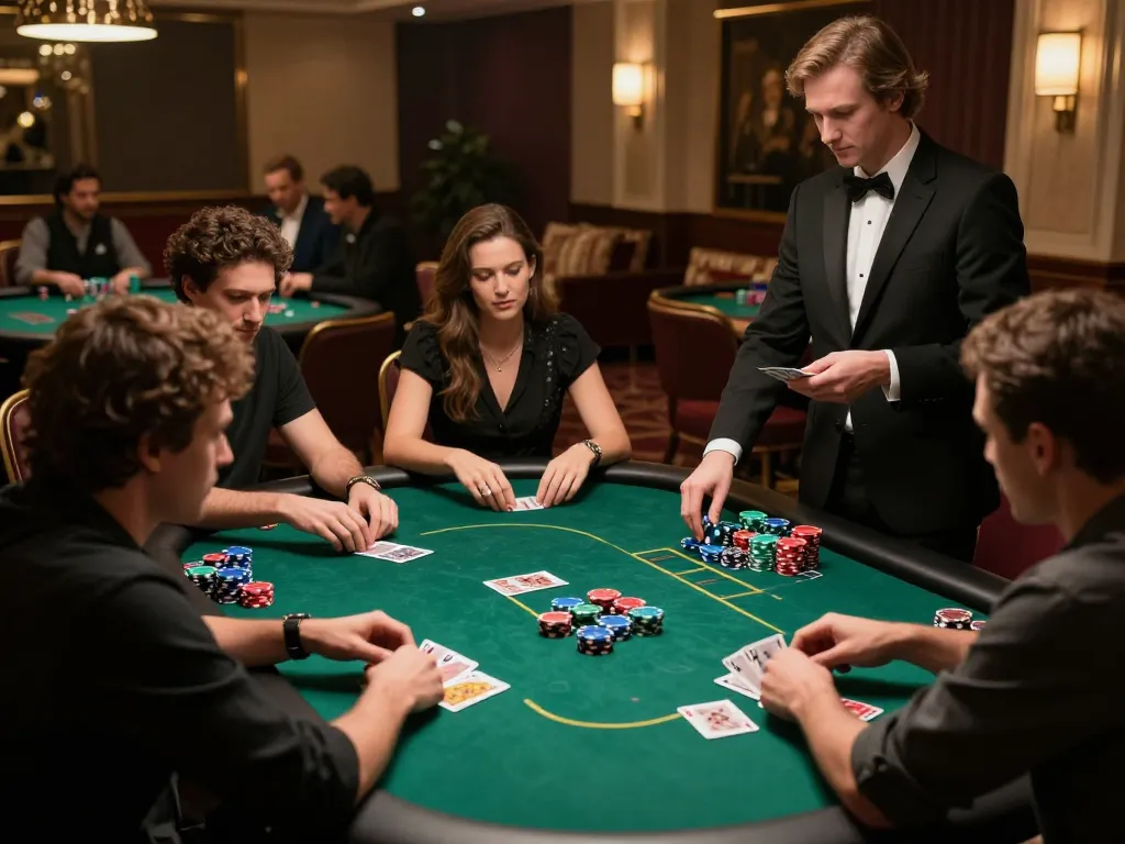 Players strategizing in a high-stakes poker game at an upscale casino, with vibrant chips and focused expressions, showcasing TR88.