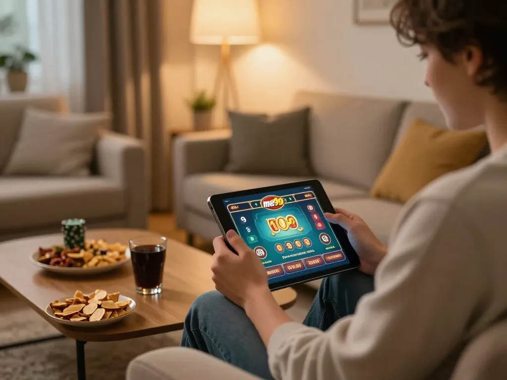 Play exciting me99 casino games on your tablet in a cozy living room setting.