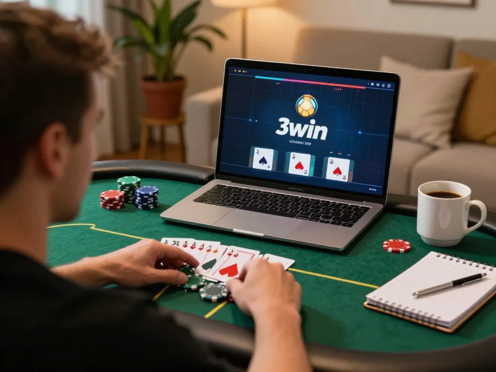 Playing poker online with strategy notes at home on 33win com, showcasing a responsible gaming environment.