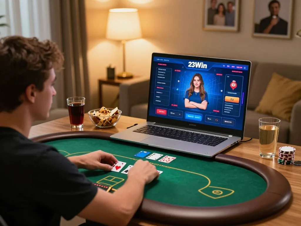Player enjoying live poker on 23Win, showcasing an engaging home gaming setup with snacks and warm lighting