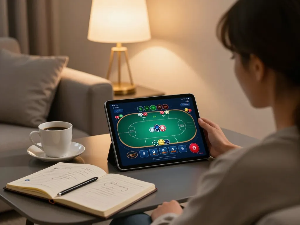 Player engaging with the gg88 casino app on a tablet, showcasing online gaming strategy in a cozy home.