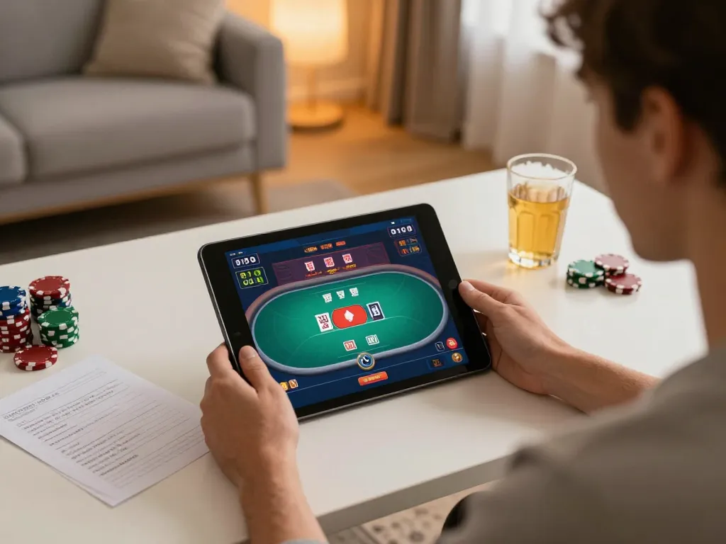 Player enjoying mb668 poker session on tablet, displaying strategy notes and modern setup.