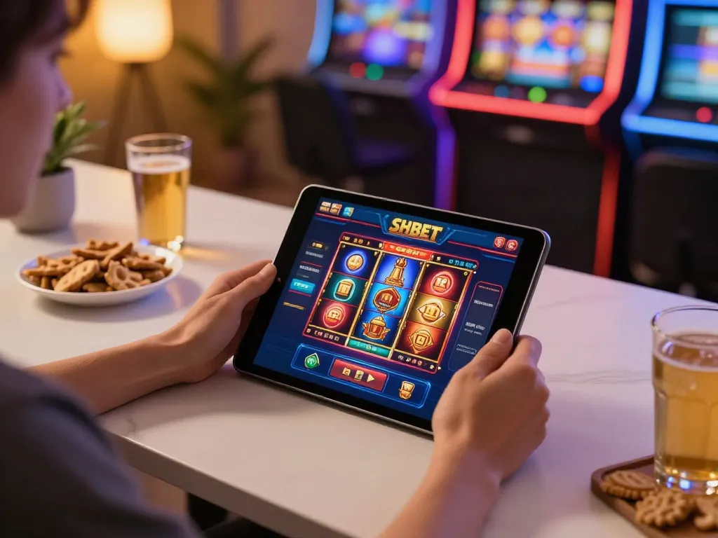 Player enjoying SHBET online slots on a tablet with a modern, cozy setup.