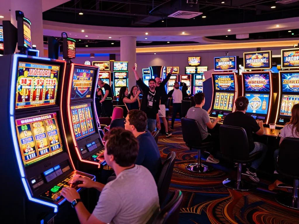 Players celebrating big wins at vibrant da88 slot machines in a lively casino