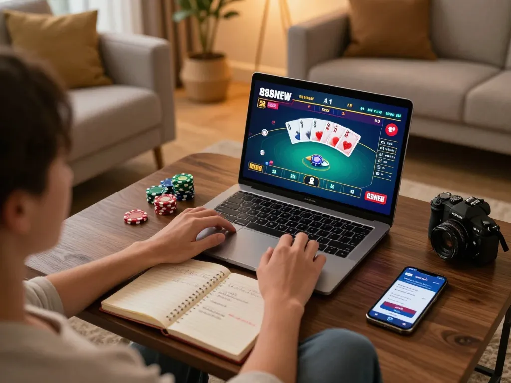 Player enjoying an online poker game on 888NEW app from a cozy home setup.
