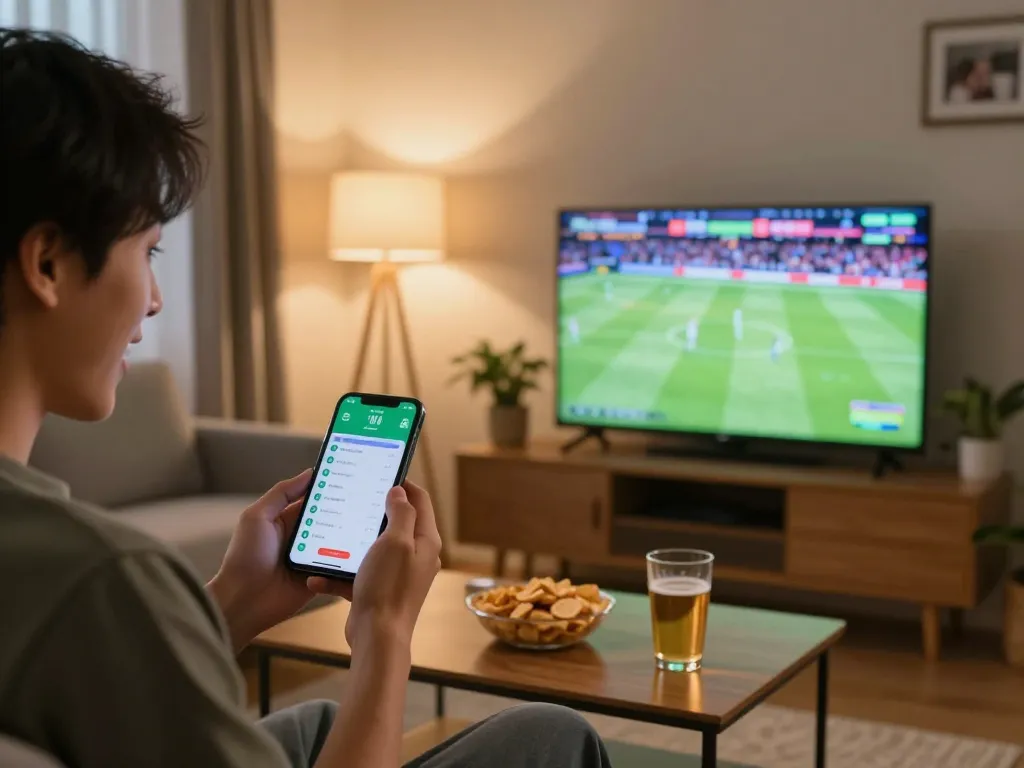 Engaging with trang cá cược bóng đá through a mobile app while enjoying a live sports match at home
