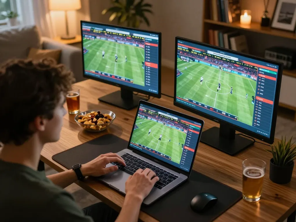 Engaged gambler analyzing odds on ee88go while enjoying home sports betting setup