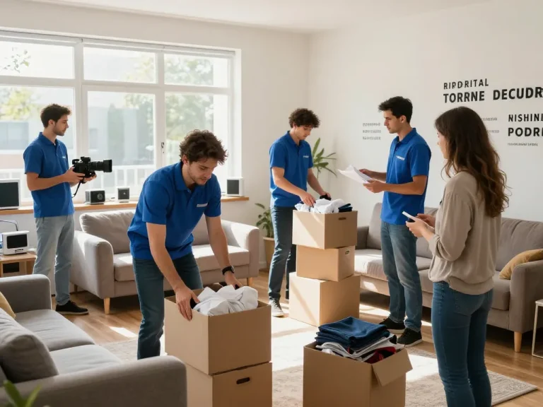 Räumung Wien Fachleute, die effizient das Zuhause entrümpeln, und dabei Teamarbeit und Organisation zeigen.