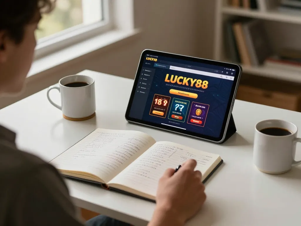 LUCKY88 online gaming experience with player using tablet in cozy home setup.