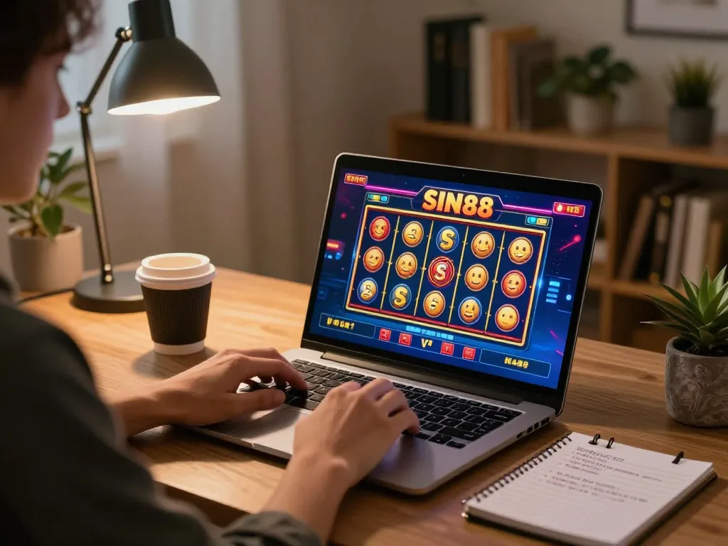 SIN88 player engaging in online casino slot game with dynamic interface and cozy home setup