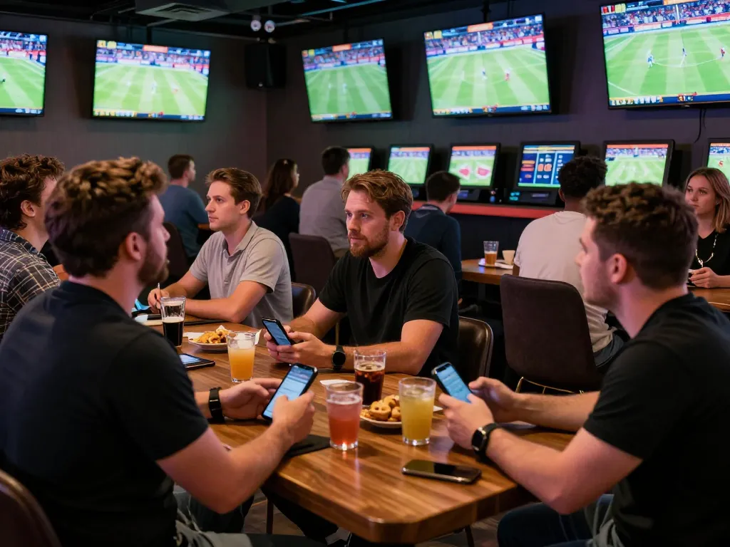 Exciting sports betting atmosphere at a lounge featuring bet88vn, where bettors engage with screens and apps.