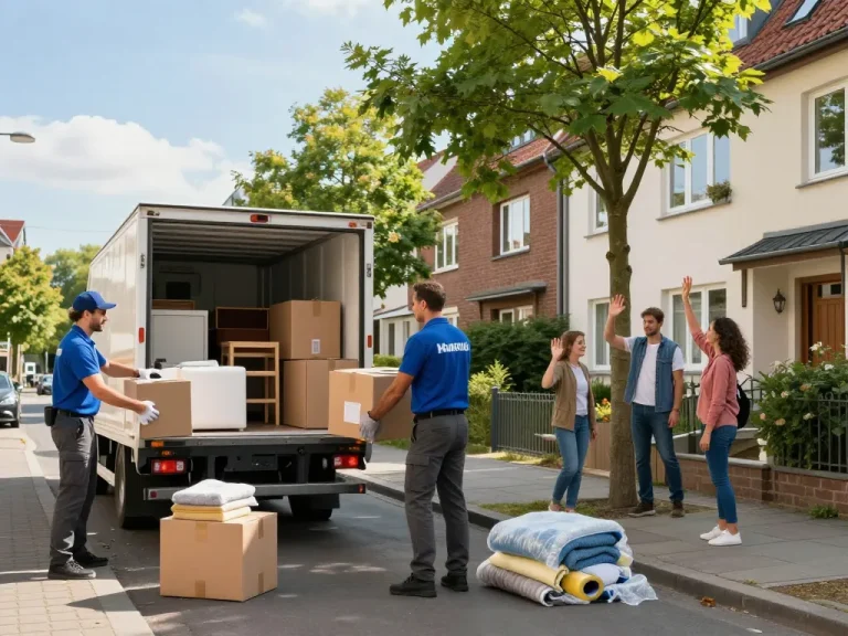 Professionelle Umzugshelfer von Umzugsunternehmen Hannover beladen Möbel auf einen Lastwagen in einer sonnigen Wohngegend.