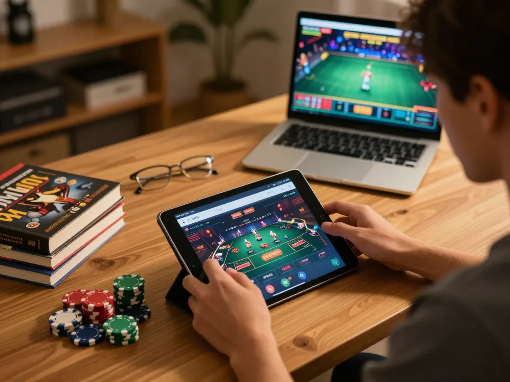 Player managing their bets with the LLWIN Function using a tablet in a cozy online gaming space.
