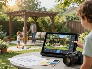 Familie, die einen Pergola-Konfigurator verwendet, um ihr Hinterhofdesign mit 3D-Visualisierung und Gartenelementen anzupassen.