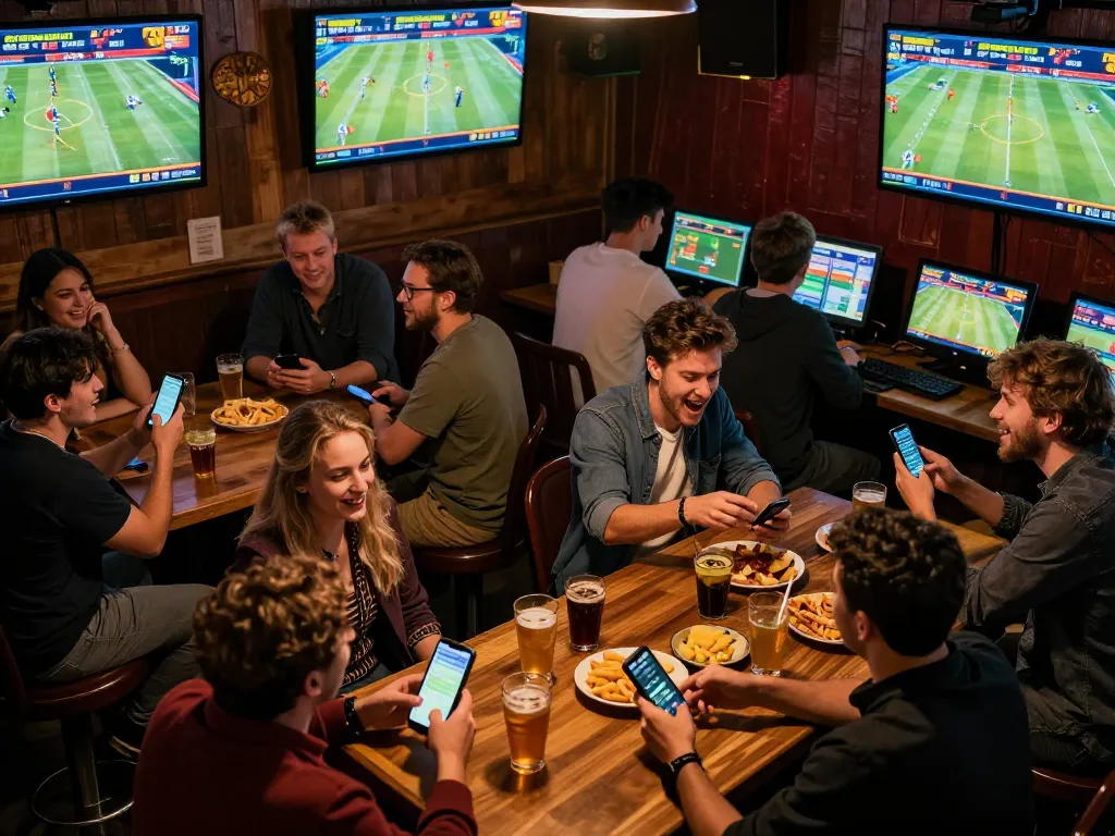 Exciting sports betting atmosphere with friends analyzing tỷ lệ nhà cái and placing wagers