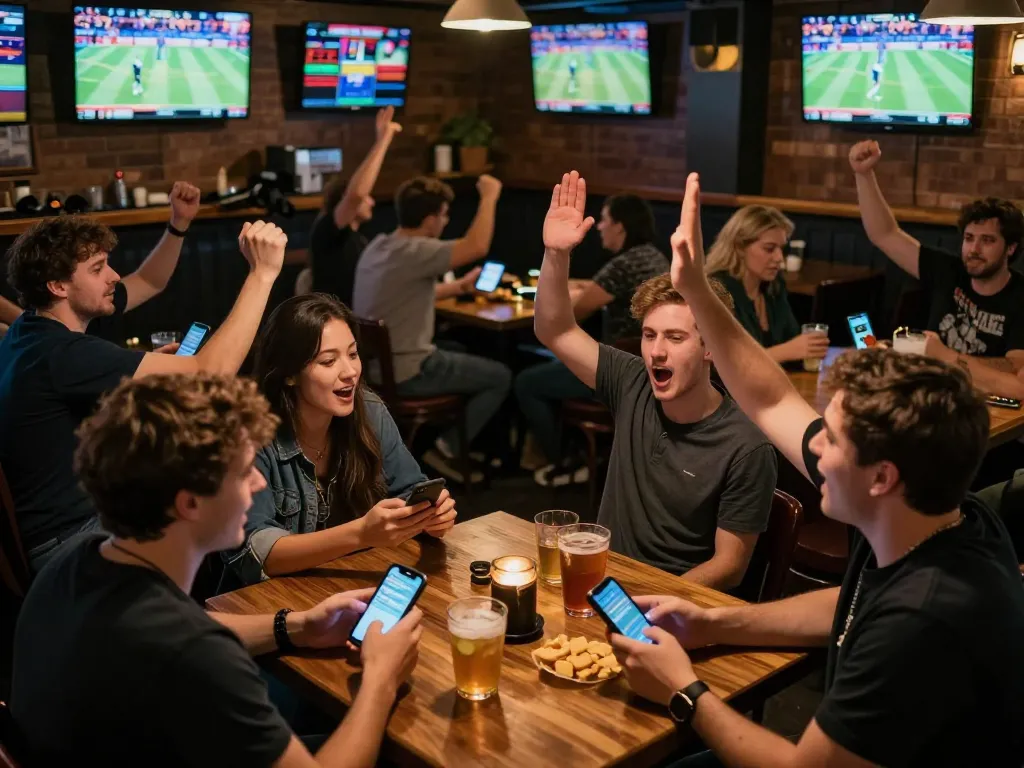 Fans engaged in tỷ lệ kèo nhà cái hôm nay while enjoying a lively sports bar atmosphere.