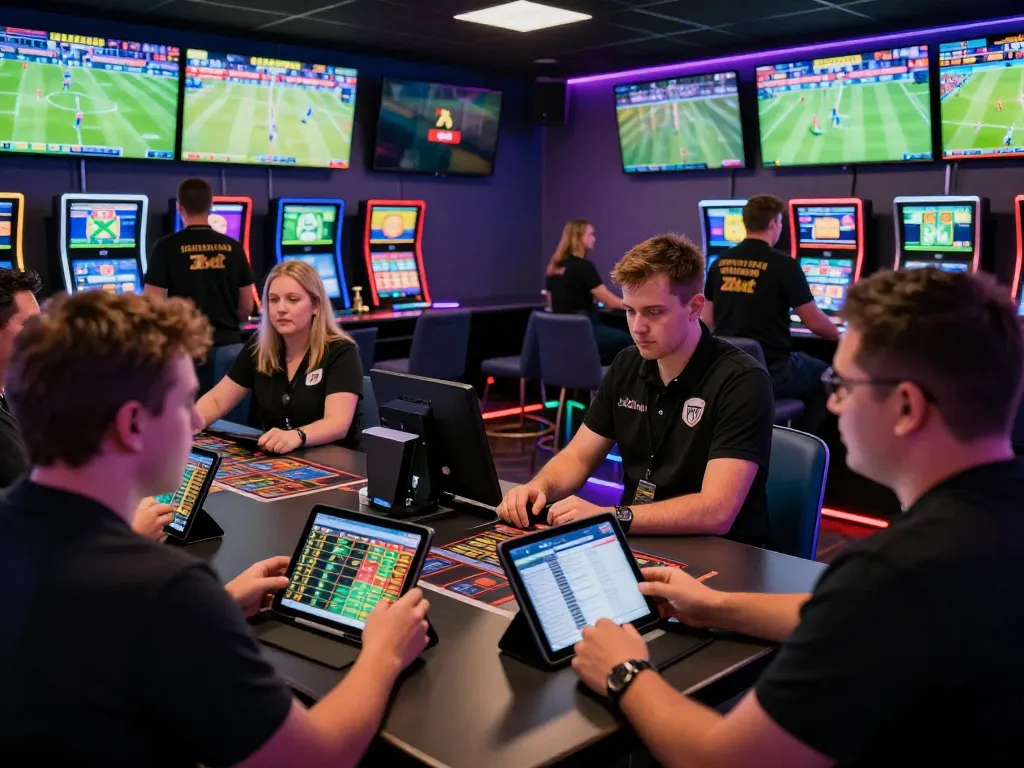 Exciting sports betting scene with patrons using zbet app in a lively lounge atmosphere