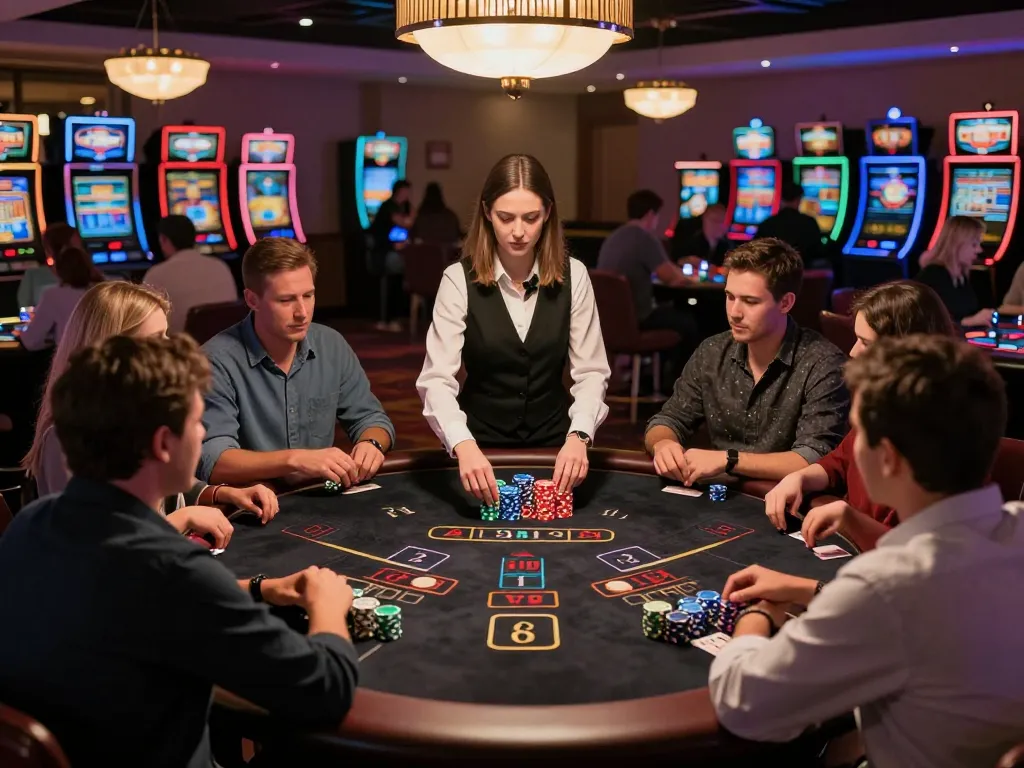 Players strategizing at XOCDIA88 blackjack table under warm lighting, vibrant casino atmosphere