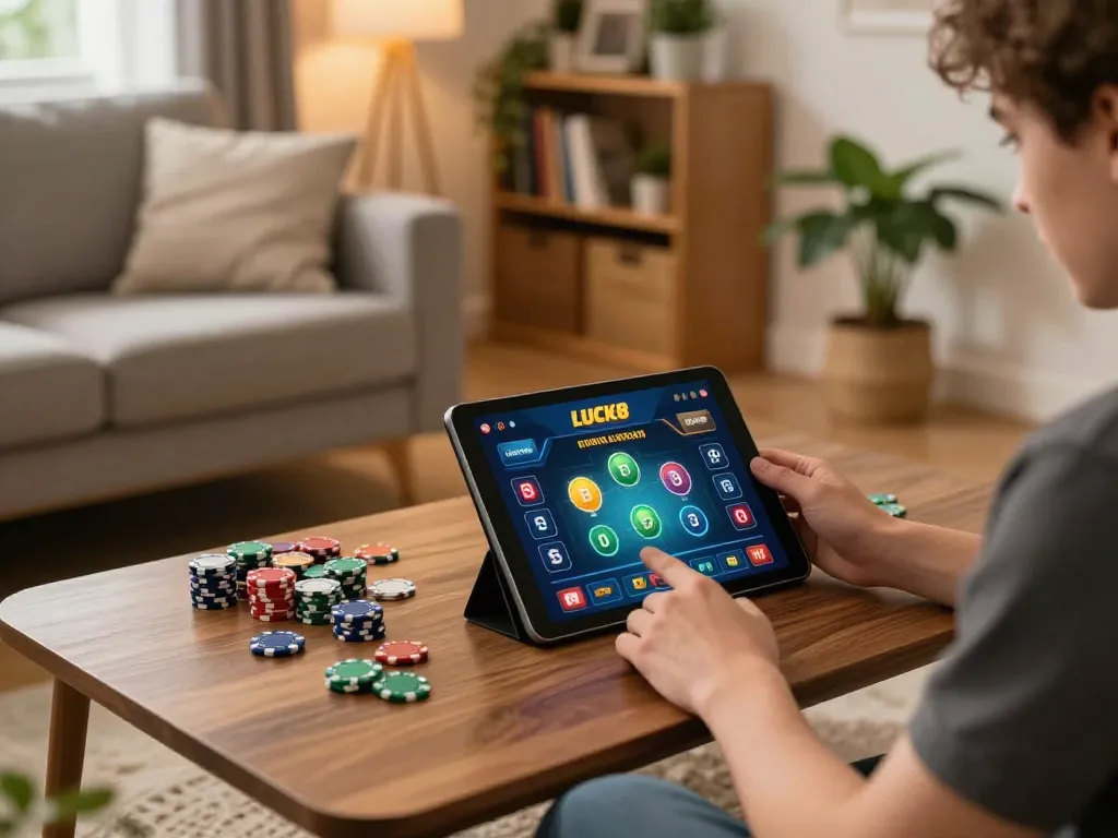 Người chơi LUCK8 tham gia chơi game trực tuyến trên máy tính bảng, minh họa sự thoải mái khi chơi game tại nhà.