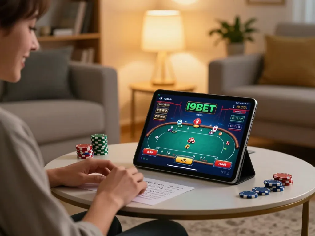 I9BET player enjoying an online poker game on a tablet at home, surrounded by strategy notes.