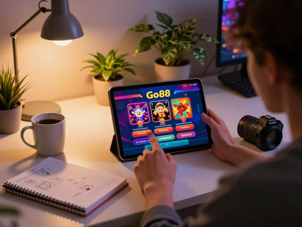 Engaging gameplay on Go88 app at home, showcasing a cozy setup with strategy notes.