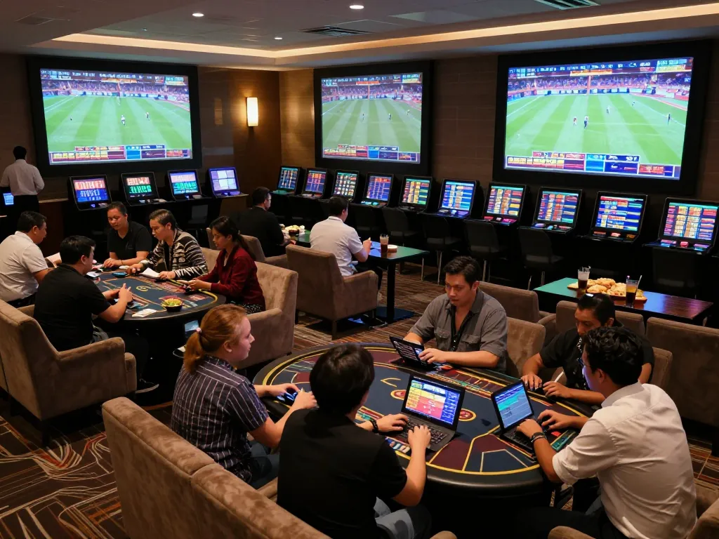 Engaged bettors placing strategic bets while analyzing odds in a vibrant sports lounge showcasing tin soi kèo