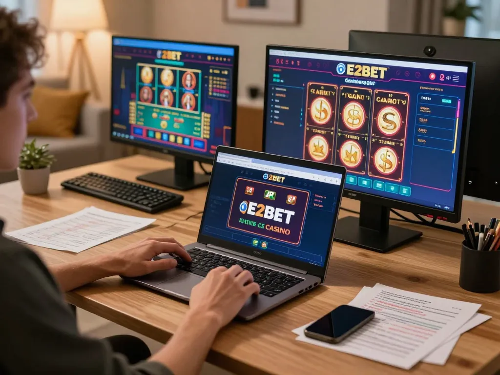 E2BET chính chủ gaming strategies unfold in a modern home office with active online casino gameplay.