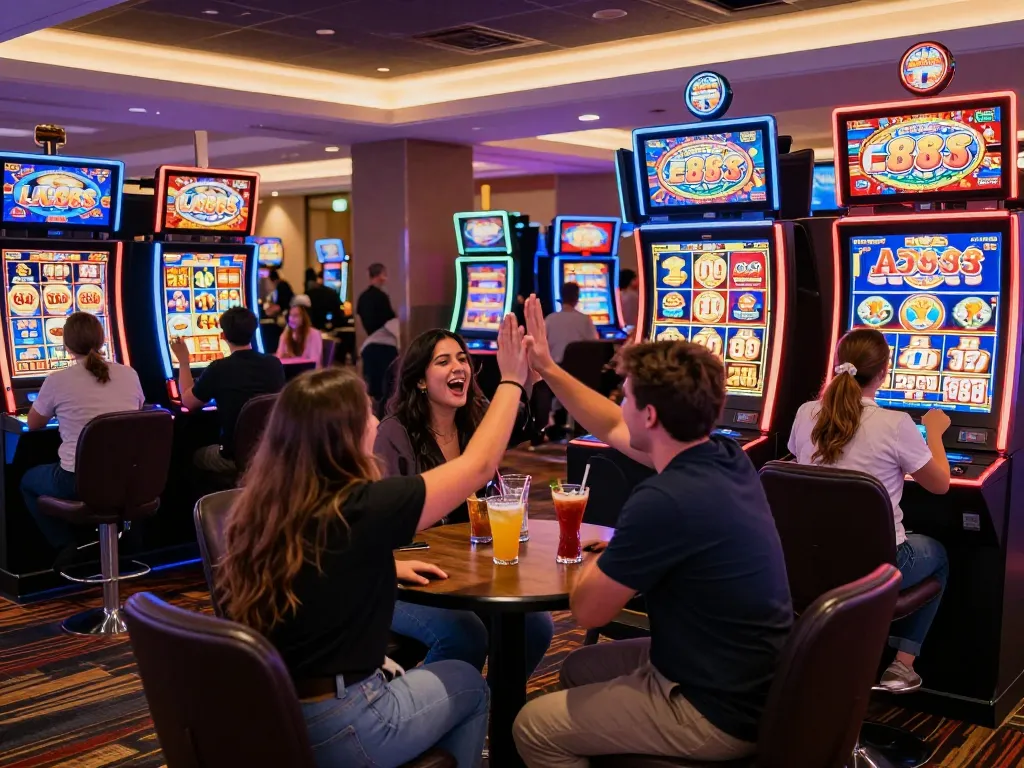 Players enjoying the Lucky 88 slot machine in a vibrant casino environment with colorful lights.