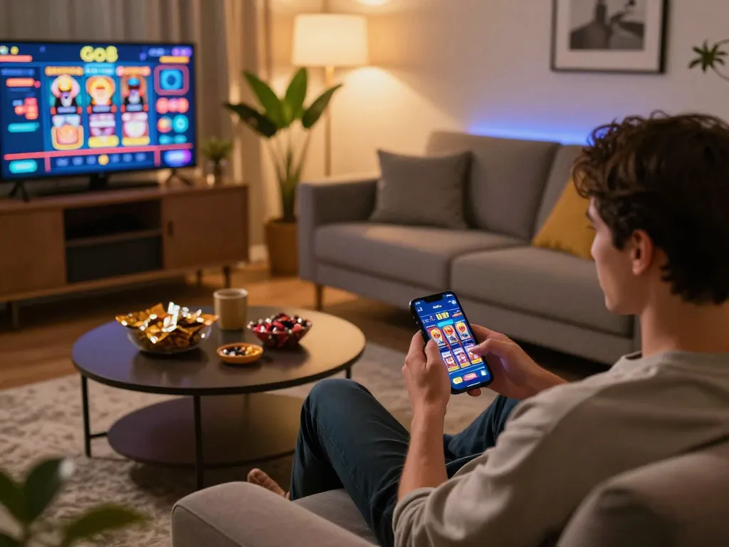 Person enjoying Go8's online casino app on a smartphone in a cozy home setting.