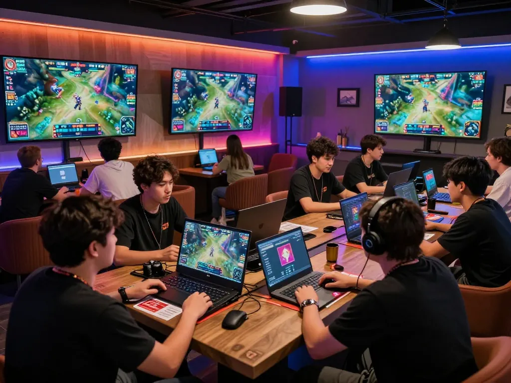 Fabet online bettors analyzing gameplay strategies during an esports event.