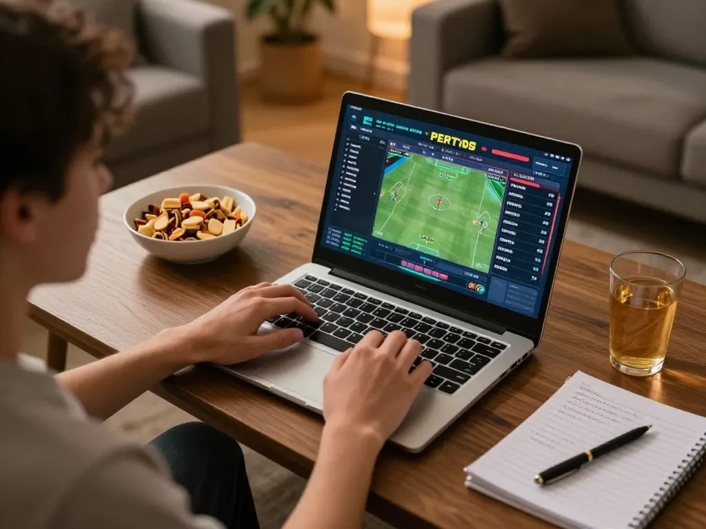 Engaging in sports betting on MB66 via a laptop in a cozy home environment, showcasing strategy and excitement.