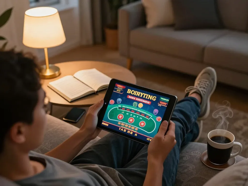 Person playing poker on a tablet in a cozy setting, highlighting mk8th's online gambling experience.