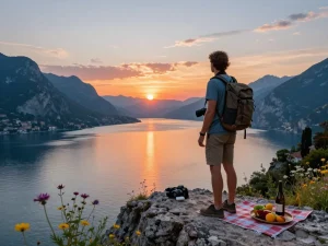 Beeindruckender Sonnenuntergang über dem Gardasee während des Urlaubs am Gardasee, mit einem Reisenden mit Rucksack, der die Landschaft genießt.