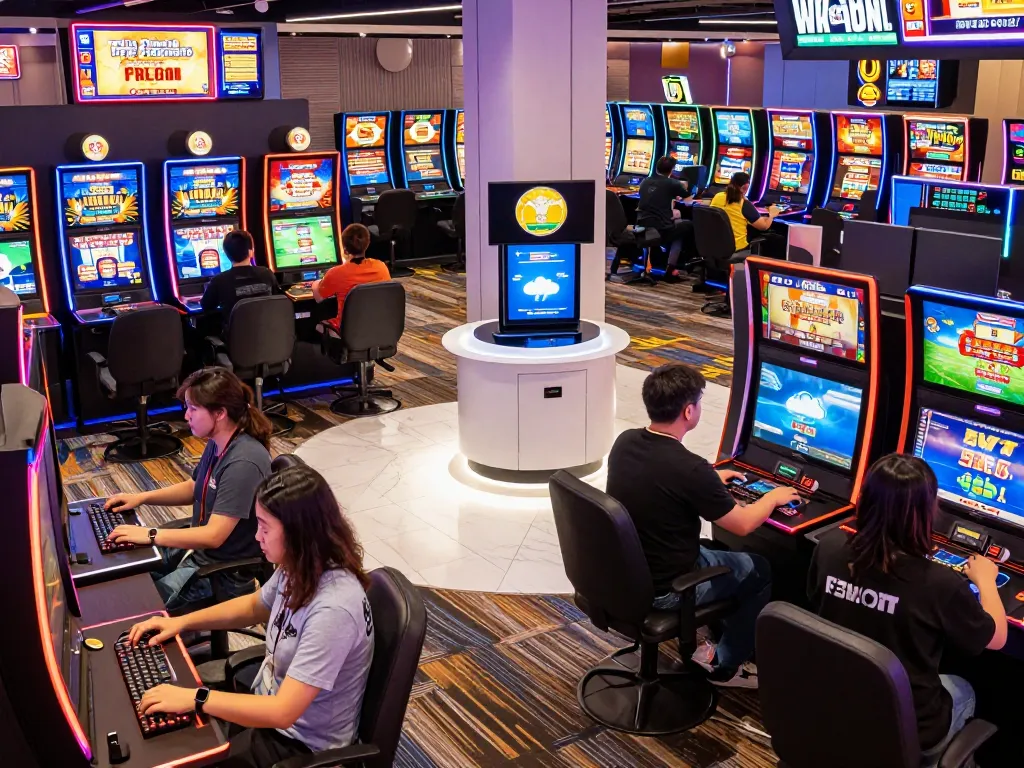Exciting FB88 online gaming scene with players engaging in sports betting and slot machines.