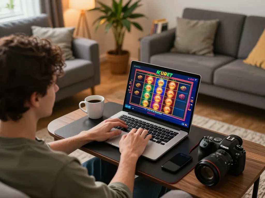 KUBET player enjoying engaging online slot games on a cozy setup.