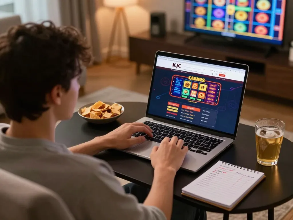 KJC player enjoying online gaming at home with strategic notes and a vibrant slots display
