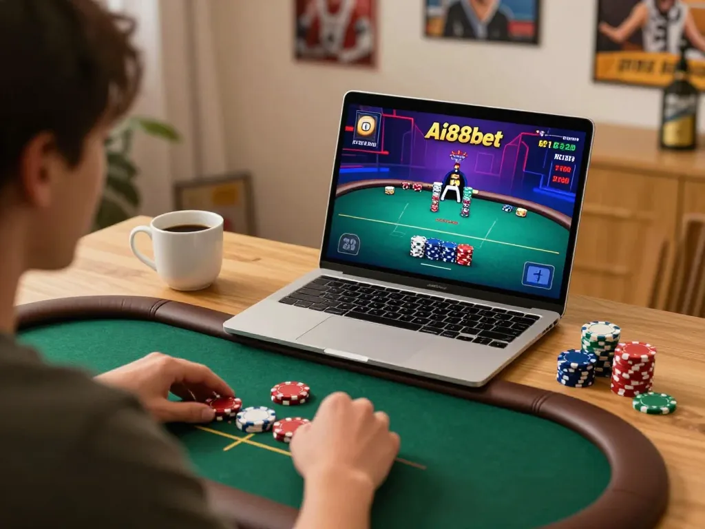 Person enjoying online poker on Ai88bet with colorful chips in a modern gaming setup.